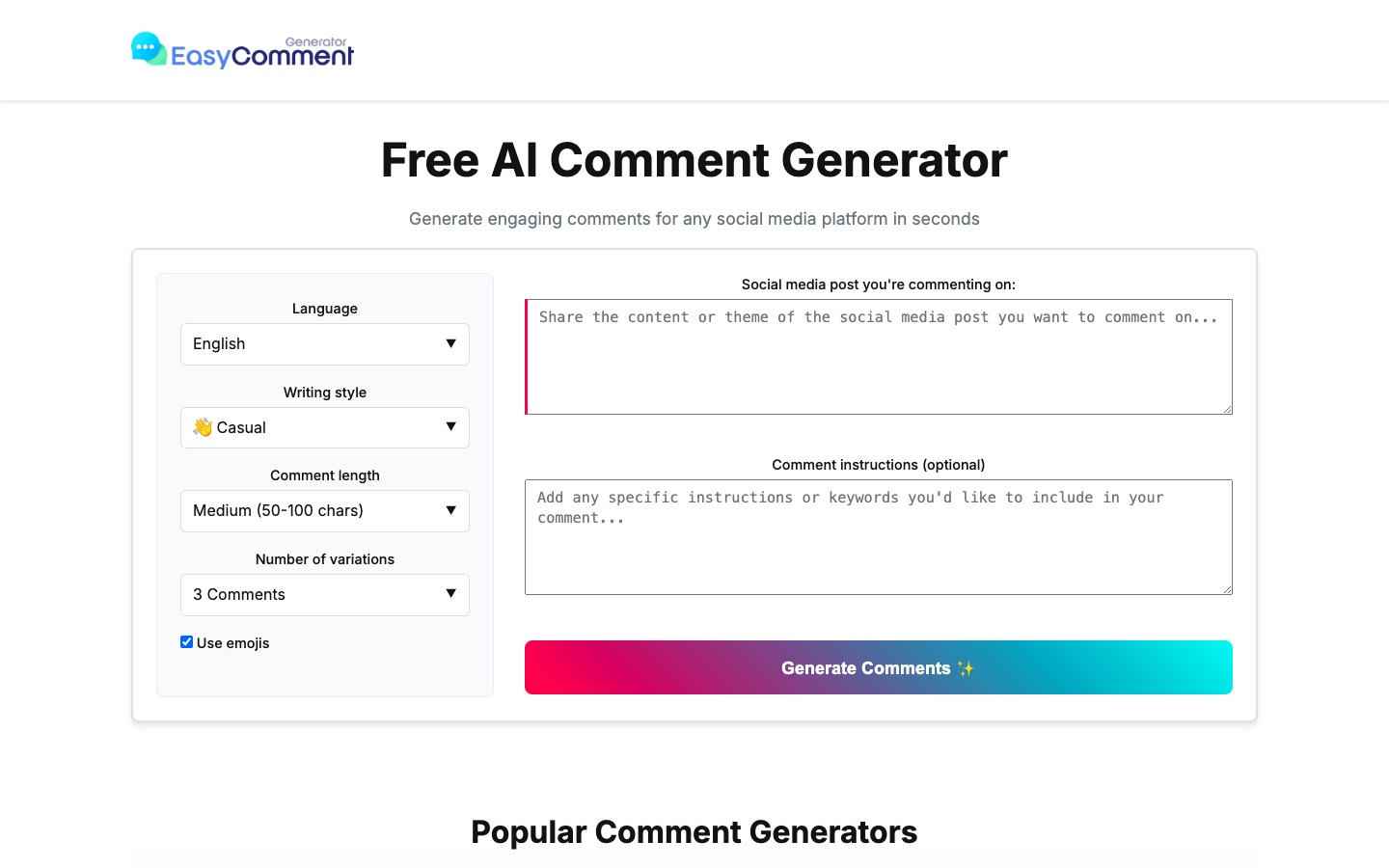 Easy Comment AI社媒评论生成器